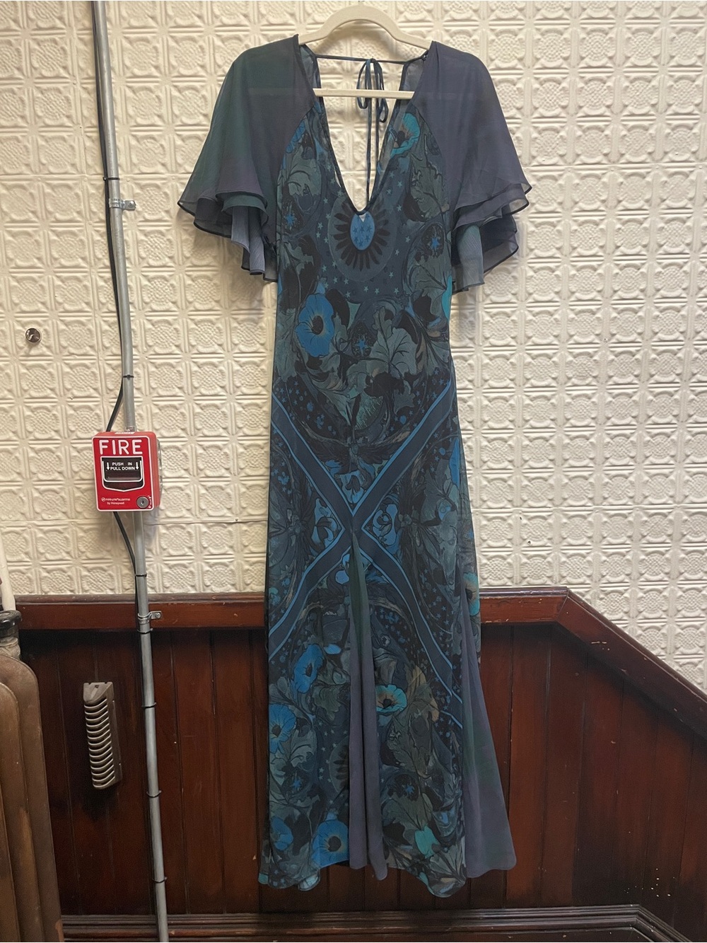 Free People Blue Floral V-Neck Maxi Dress with Flutter Sleeves